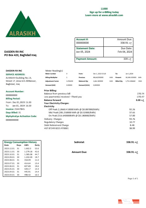 Iraq AlRasikh electricity business utility bill template in Word and PDF format